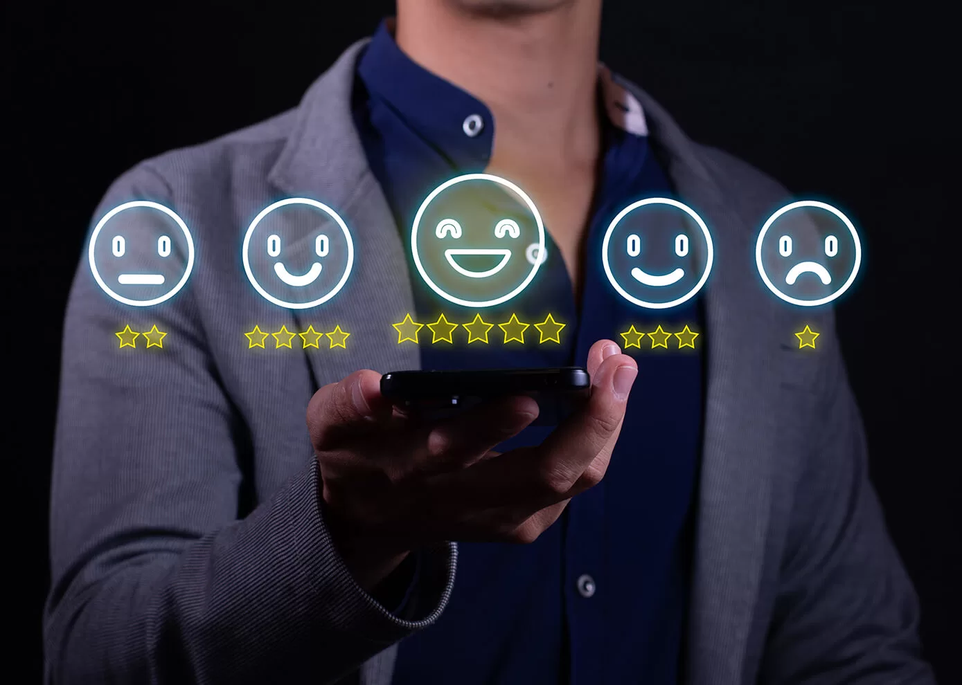 Person rating with smiley faces
